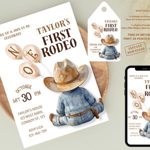 May include: Watercolor invitation template for a "Taylor's First Rodeo" party. The design includes a cowboy illustration, balloons spelling "N-E-O", and event details. A matching tag and phone mockup are also shown.
