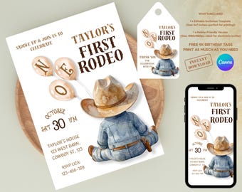 May include: Watercolor invitation template for a "Taylor's First Rodeo" party. The design includes a cowboy illustration, balloons spelling "N-E-O", and event details. A matching tag and phone mockup are also shown.