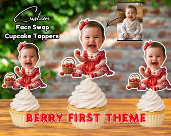 Custom Baby Strawberry Face Cupcake Topper, Berry First Birthday Decor, Personalised Photo Face Swap Cake Topper, Digital PDF PNG File