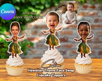 Custom Face Hawaiian Cupcake Topper - Printable Luau Photo Cake Topper - Digital Download PNG & PDF