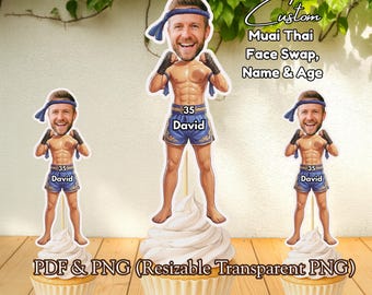 Custom Muay Thai Face Swap Cake Topper • Personalized Photo & Name • Printable Martial Arts Party Decor • Fun Fighter Birthday Digital File