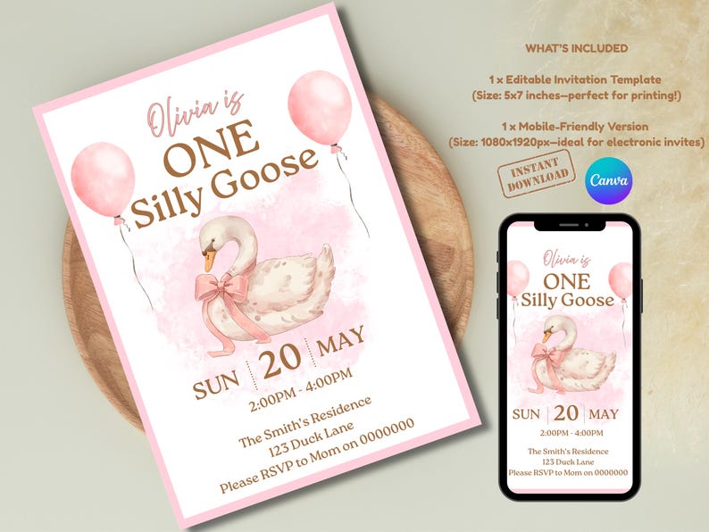 May include: A pink invitation template with the text "Olivia is ONE Silly Goose" and event details. It features a watercolor illustration of a swan with a pink bow and two pink balloons. A mobile-friendly version is also displayed.