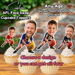 Könnte beinhalten: Individuelle AFL Face Swap Cupcake-Topper mit Cartoonfiguren, die Fußbälle halten. Die Topper haben eine weiße Zuckergussbasis und Text, der "Wählen Sie ein Design oder Sie können alle vier erhalten" lautet.