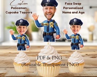 Personalized Police Cake Topper Printable,Custom Face Swap Cupcake Digital,Police Birthday Party Decor PNG PDF, Name and Age Cop Party