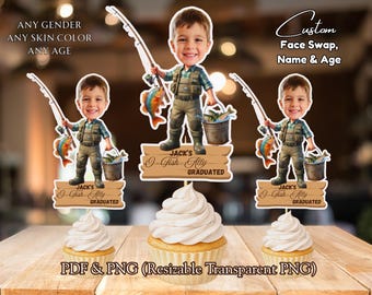 Custom Face Cupcake Toppers O-Fish-Ally Graduated, Personalized Fishing Photo , Big One Fisherman Cake, Funny Photo Pick Digital Download