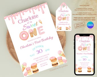 May include: A birthday invitation template with the text "Charlotte is a Sweet ONE" in pink and white, featuring donut and ice cream graphics. Includes a matching tag and a phone mockup.