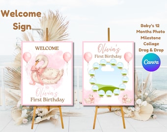 May include: Two pink and white welcome signs on wooden easels. One sign features a swan with a pink bow and balloons, with the text "Welcome to Olivia's First Birthday." The other sign is a photo collage with the text "Baby's 12 Months Photo Milestone Collage Drag & Drop Canva."