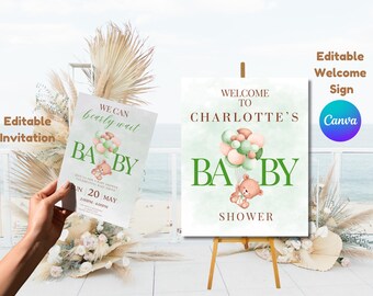 May include: A baby shower welcome sign and invitation with a teddy bear and balloons design. The sign reads "Welcome to Charlotte's Baby Shower" and the invitation says "We can bearly wait". The design includes green and peach colors.