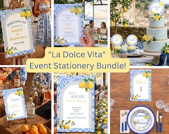 La Dolce Vita Engagement Bundle Invitation, E-Invite, Drinks, Grazing Menu, Welcome Sign, Name Place Cards & Dessert Toppers
