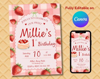 May include: A pink and white invitation for a first birthday party, featuring strawberries and a cake. The text reads "Millie's 1st Birthday" with the date and time. A smartphone displays the same design.