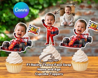 Personalized Racing Face Swap Digital File - Custom Car Cake Topper, Stickers, T-Shirts - Race Fast Birthday Party - DIY Photo PNG & PDF