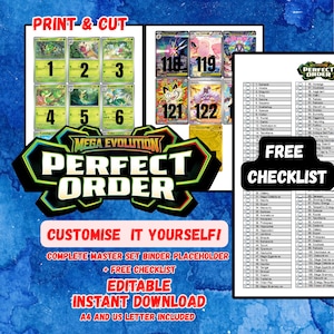 Puede incluir: Una descarga digital con marcadores de tarjetas coleccionables y una lista de verificación. El diseño incluye varias tarjetas coleccionables con números y el texto "Mega Evolution Perfect Order". El texto adicional incluye "Print & Cut", "¡Personalízalo tú mismo!" y "Lista de verificación gratuita".