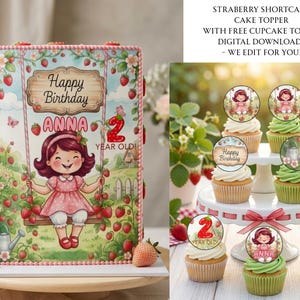 Puede incluir: Un adorno rectangular para pastel y adornos circulares para cupcakes con temática de pastel de fresa. Los diseños incluyen una niña en un columpio, fresas y el texto Happy Birthday, Anna y 2 Year Old. El set incluye una descarga digital.