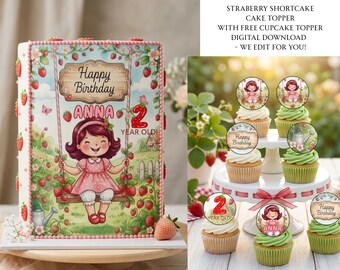 Strawberry Shortcake Topper Printable, Berry Birthday Cake Topper, Custom Cupcake Toppers Rectangle, Strawberry Theme Edible Image File
