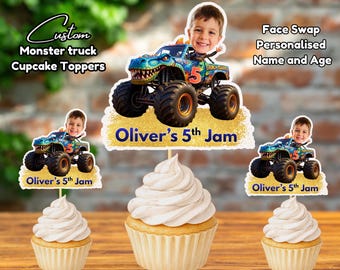 Personalized Monster Truck Cake Topper DIGITAL FILE, Custom Face Swap Cupcake Topper, Printable Monster Truck Birthday Party Decor