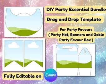 DIY Party Supplies Bundle - Canva Editable Party Hat, Banner, & Favor Box!