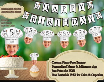 Custom Chef Face Banner Template, Printable Master Chef Birthday Decorations, Cooking Party Garland, Baking Cupcake Cake Topper Digital