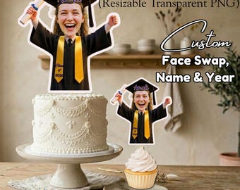 Custom Face Graduation Cupcake Toppers Digital File, Personalized Photo Grad Cap Cake Topper with Name & Year, Class of 2026 Decor