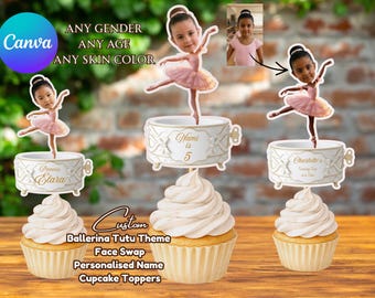 Custom Ballerina Face Swap Digital Download - Personalized Name & Age Photo PNG PDF - Tutu Dance Birthday Shirt Cake Topper DIY