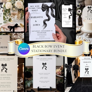 May include: A wedding stationery bundle featuring white cards with black watercolour bow illustrations and black serif typography. The set includes table numbers, invitations, menus, and signage, all displaying the text We Are Tying The Knot.