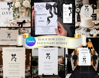 Black Bow Engagement Party Template Bundle, Tying The Knot Welcome Sign, Ribbon Invitation Canva, Drinks Menu, Grazing Board, Place Cards