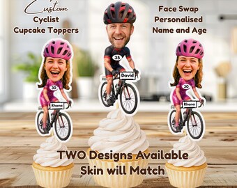 Personalized Cyclist Face Cupcake Toppers, Custom Face Bicycle Cake Decoration, Digital Printable Bike Birthday Party, Name Age Editable PNG