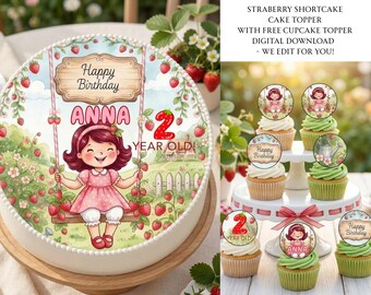 Strawberry Shortcake Topper Printable, Berry Birthday Cake Topper, Custom Cupcake Toppers Circle, Strawberry Theme Edible Image File