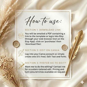May include: A beige and gold instructional graphic with the text "How to use:" and three sections detailing how to download, edit, and customize a template. Includes a gold feather and decorative elements.
