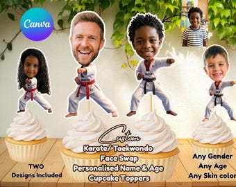 Custom Karate Face Swap Digital Download - Personalized Name & Age Photo PNG PDF - Taekwondo Birthday Shirt, Cupcake Topper, DIY Decor