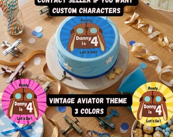 Personalized Vintage Aviator Cake Topper Digital File, Pilot Birthday Gift Tag, Table Centerpiece, Custom Name Age, Blue Pink Yellow