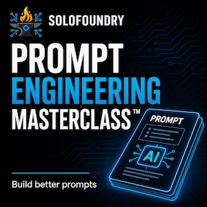 Puede incluir: Un gráfico promocional para la Masterclass de Ingeniería de Prompts de SoloFoundry. La imagen presenta el texto "Prompt Engineering Masterclass" en blanco y azul, con un icono de libro estilizado etiquetado como "Prompt" y "AI". También se incluye el lema "Build better prompts".