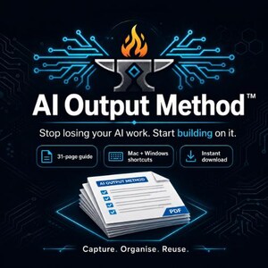 Puede incluir: Gráfico digital que promociona el "Método de salida de IA" con un fondo azul oscuro. La imagen presenta una pila de documentos PDF, iconos para una guía de 31 páginas, accesos directos de Mac y Windows y descarga instantánea. El texto dice "Deja de perder tu trabajo de IA. Empieza a construir sobre él."