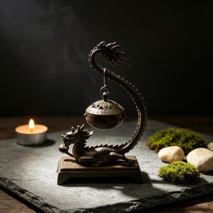 May include: A bronze-toned metal incense burner featuring a dragon sculpture on a rectangular base. The dragon's tail curves upwards to hold a small, round, perforated incense holder that hangs suspended in the air, emitting thin wisps of smoke.