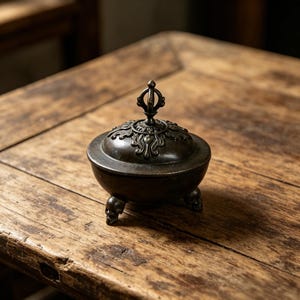 Puede incluir: Un quemador de incienso de bronce oscuro con una tapa decorativa y tres patas con forma de calavera. La tapa presenta detalles ornamentados y un pequeño asa. El quemador se encuentra sobre una mesa de madera rústica.