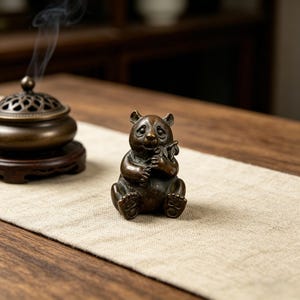May include: A bronze panda figurine holding bamboo, with a detailed, aged finish. Beside it, a bronze incense burner with a decorative lid and wooden base. Smoke rises from the burner, suggesting use. The items sit on a neutral-toned runner.