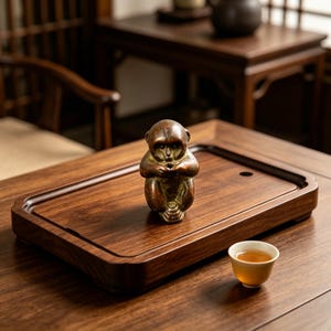 May include: A bronze monkey figurine sits on a dark wooden tea tray with a small cup of tea. The tray has a recessed area and a rounded edge. The background includes wooden furniture, suggesting a tea ceremony setting.