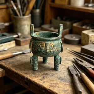 May include: A small, antique bronze vessel with a weathered, green patina. The vessel features intricate relief carvings and two handles. It stands on three short legs and is displayed on a wooden workbench with tools.