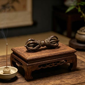 May include: A bronze-toned Vajra, a ritual object, sits on a small, intricately carved wooden stand. The stand is a rich brown colour. An incense stick burns in a small ceramic holder, releasing a wisp of smoke, suggesting a spiritual or meditation theme.