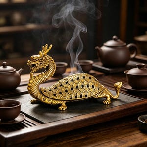 Puede incluir: Un quemador de incienso dorado con forma de dragón y un diseño detallado. El dragón tiene un cuello largo y un cuerpo detallado. El quemador está sobre una bandeja de madera con tazas de té y una tetera. Volutas de humo se elevan del quemador.