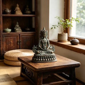 Pode incluir: Uma estátua de metal cor de bronze de uma divindade sentada com uma coroa ornamentada e joias detalhadas, em postura meditativa com as mãos no colo. A figura assenta sobre uma base circular larga decorada com pequenas esculturas.