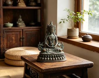 May include: A bronze-coloured metal statue of a seated deity with an ornate crown and detailed jewellery, positioned in a meditative pose with hands resting in the lap. The figure sits upon a wide, circular base decorated with a row of small carvings.