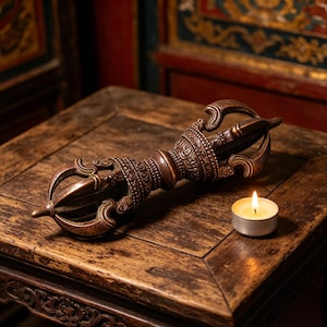 May include: A bronze Vajra, a ritual object, sits on a dark wooden table. The Vajra has detailed carvings and a symmetrical design. A small lit candle is placed nearby, creating a warm glow. The scene suggests spirituality and meditation.
