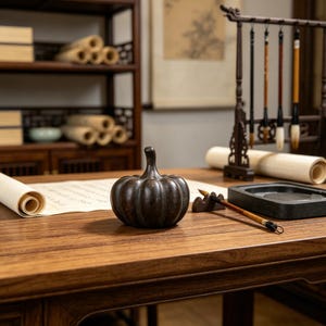 Op de afbeelding: Een donkerbruin, pompoenvormig decoratief object staat op een houten bureau, naast een kalligrafiekwast en een inktsteen. Een houten rek bevat verschillende kalligrafiekwasten. De scène suggereert een traditionele kunst- of schrijfsituatie.