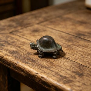Op de afbeelding: Een kleine, bronzen schildpadfiguur met een gedetailleerd schild en getextureerde poten. Het beeldje staat op een houten oppervlak en toont zijn antieke uitstraling. De kop van de schildpad is zichtbaar, wat bijdraagt aan de levensechtheid.
