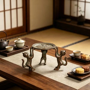 Pode incluir: Uma bandeja de servir decorativa, cor de bronze, sustentada por três figuras de gato. A bandeja tem um design floral ornamentado. A cena inclui uma mesa de madeira, um serviço de chá e pequenos doces, sugerindo uma cerimónia do chá.