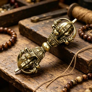 Retro mässings Vajra-prydnad, tibetansk buddhistisk ritualredskap, skrivbordsdekoration.