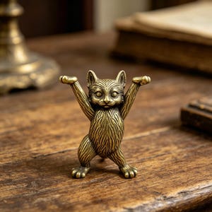 May include: A brass cat figurine with its arms raised. The cat has detailed fur and facial features. The figurine is standing on a wooden surface. The cat is a decorative item.