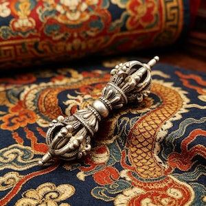 Peut inclure: Un vajra argenté orné, un objet rituel, est posé sur un tissu bleu avec un motif de dragon brodé. Le vajra présente des détails complexes et une conception symétrique, reflétant son but cérémoniel.