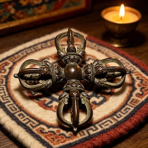May include: A bronze Vajra, a ritual object, is displayed on a patterned rug. The Vajra features a central sphere and four prongs. A lit candle in a small bowl is in the background, creating a warm, spiritual ambiance.