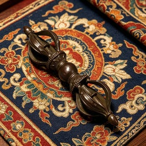 Peut inclure: Un Vajra de couleur bronze, un objet rituel, est posé sur un textile bleu à motifs. Le Vajra présente une sphère centrale et des pointes courbes et ornées. Le textile a un motif floral aux couleurs rouge, orange et crème.